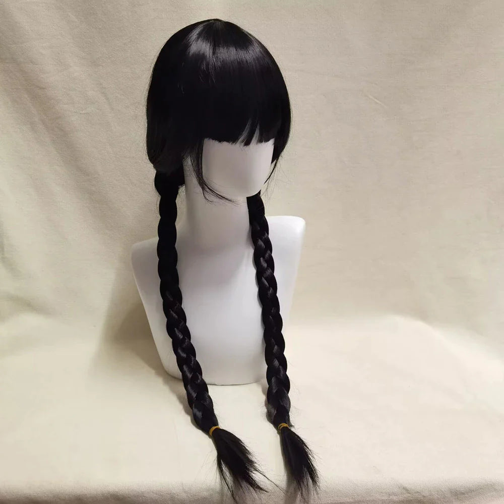 Wednesday Addams Cosplay Wig Long Black Braids Hair Heat Resistant Synthetic Wigs with Bangs for Halloween Party